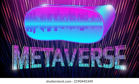 Virtual reality glasses with futuristic city inside and word Metaverse against the digital purple background. Vector illustration.