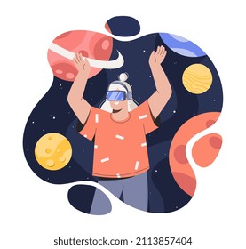 Virtual reality glasses. Girl sees herself in galaxy, in starry sky. Character on another planet in sollar system. Modern technologies, nextgen devices, vr glasses.