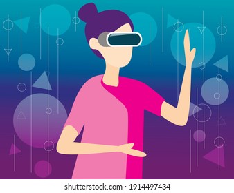 Virtual reality glasses. Girl touch technological screen.