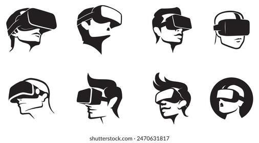 Gafas de realidad virtual Auriculares Cabezas de colección Logotipo Icono de diseño de Vector Ilustración