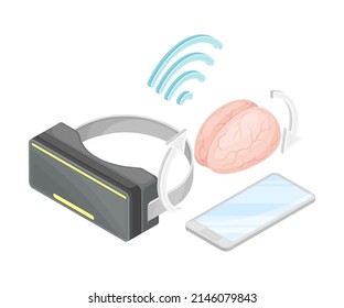 Virtual reality glasses, human brain and smartphone isometric. Virtual reality school concept vector illustration
