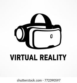 Virtual reality glasses icon in black isolated on white, flat vr device text. Vector illustration.