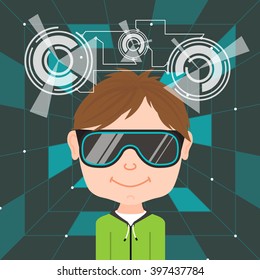 Virtual reality glasses illustration, young boy wearing VR glasses, modern technology concept 