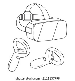 virtual reality glasses and joystick isolated on white background, black outline doodle style