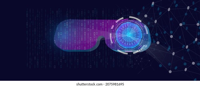Gafas de realidad virtual metalizadas por datos virtuales con analista de inteligencia artificial. Experiencia VR.