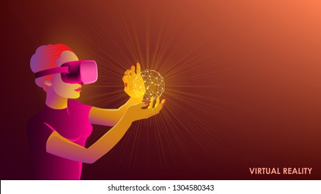 Las gafas de realidad virtual. Tecnología moderna e innovadora. La mujer en los auriculares contra. Imagen vectorial abstracta. Tecnologías del futuro. Fondo marrón oscuro. Internet, comunicación.