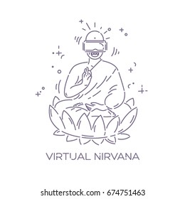 Virtual reality glasses on Buddha. VR headset advertising concept. Virtual nirvana. Dotted line vector illustration