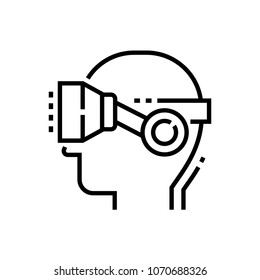 Virtual reality glasses on head - line design single isolated icon on white background. High quality minimalistic black pictogram, emblem. An image of a male profile with the device