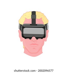 Virtual reality glasses on the head of a man, blond on a white background. Vector illustration