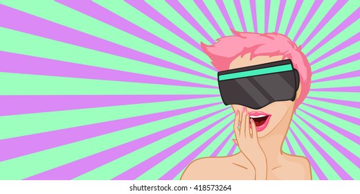 Virtual reality glasses on pop art girl