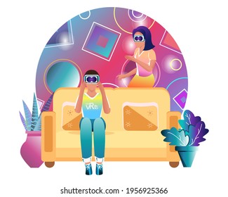 Virtual reality glasses. People are immersed in artificial life. The concept of the future, new technologies. Vector. Bright illustration in a flat style.