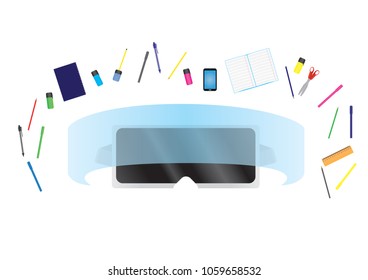 Virtual reality glasses with school supplies