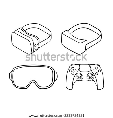 Virtual reality glasses set outline. Vr game futuristic helmet and digital glasses augmentation headset vector illustration. VR devise, helmet, mask for simulation virtual illustration