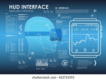 virtual reality glasses with smart of watches. Virtual space with various graphs and elements in the HUD style. link watches dopolnitelnoya reality glasses VR