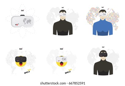 Virtual reality glasses for a smartphone. A set of human and emoji elements in virtual reality glasses on a digital world map background. Flat vector illustration EPS10