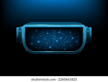 Virtual-Reality-Brillen-Technologie mit leuchtenden Wireframe-Linien und Punkten auf blauem Hintergrund. Vektorgrafik