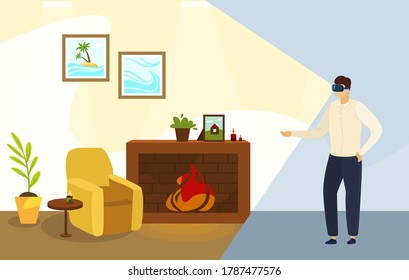 Virtual reality glasses vector illustration. Cartoon flat man in digital vr headset glasses looking virtual home apartment, cozy living room interior with armchair and fireplace futuristic background