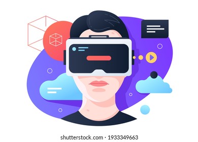 Virtual reality glasses vector illustration. Young boy having fun wearing modern entertainment flat style. Spare time and hobby concept. Isolated on white background