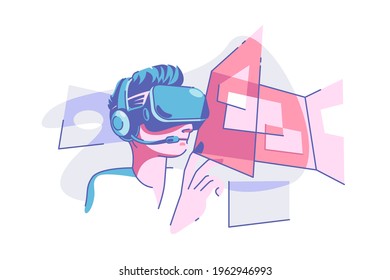 Virtual reality glasses vector illustration. Person wearing vr glasses and having fun flat style. Modern technology and entertainment concept. Isolated on white background