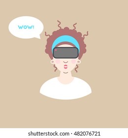 Virtual reality glasses. Vector illustration with surprised girl and wow bubble