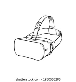 Virtual reality glasses. Vector linear engraving of VR glasses. Illustration of virtual reality glasses for playing games and watching movies. Technology of the future in the style of cyberpunk.