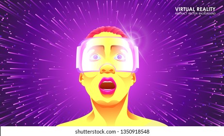 The virtual reality glasses. The woman in the headset vr. Internet, communication. Modern innovative technology. Vector. Technologies of the future. Blue  abstract background. 