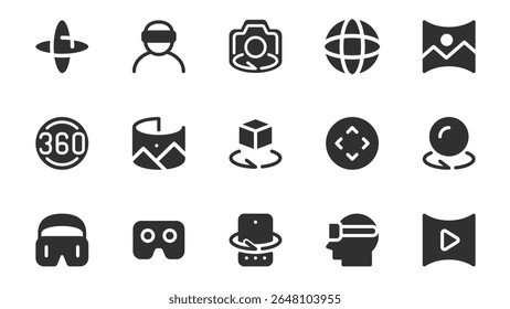 Pacote de ícones de realidade virtual para web design. Ícone sólido com vista panorâmica, simulação aumentada, fone de ouvido VR, visão de 360 graus, jogos de vídeo online e mais pictogramas. Ilustração vetorial.
