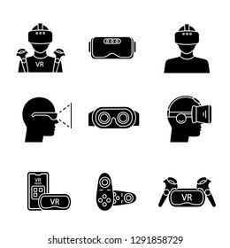 Virtual reality glyph icons set. Silhouette symbols. VR games players, headsets, controllers, smartphone apps. Virtual reality devices. Vector isolated illustration