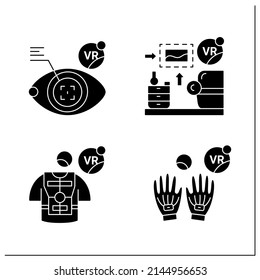 Virtual Reality Glyph Icons Set. Haptic Gloves, Suit, Eye Tap. VR Interior Design. Modern Technology Concept. Filled Flat Signs. Isolated Silhouette Vector Illustrations