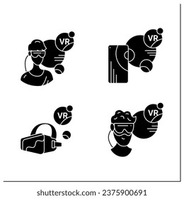 Virtual reality glyph icons set. VR player, augmented reality, headset. Modern technology concept. Filled flat signs. Isolated silhouette vector illustrations