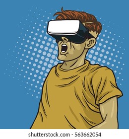 Virtual Reality Goggle Glasses Retro Science Fiction. Pop Art Blue Background