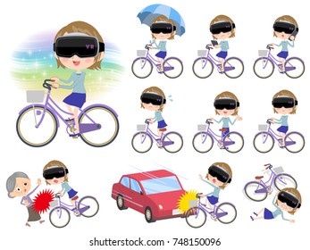 virtual reality goggle woman. City bicycle