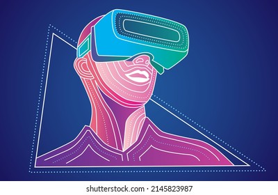 Virtual reality goggles. Vector illustration of a man wearing VR goggles. 