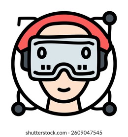 Virtual reality goggles vector illustration. Red and blue filled VR design with editable black stroke outline icon.