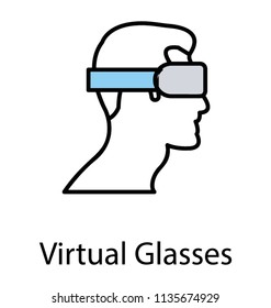 
Virtual reality goggles. Young boy wearing virtual reality goggles, line vector icon 
