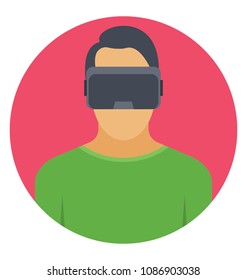 
Virtual reality goggles. Young man wearing virtual reality goggles, flat vector icon 
