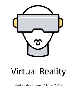 
Virtual reality goggles. Young man wearing virtual reality goggles, line vector icon 
