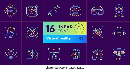 Virtual reality gradient outline icons set. Technology Augmented Reality, mobile VR. Suitable for print, website and presentation