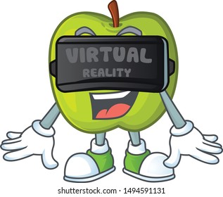 Virtual reality granny smith green apple cartoon mascot