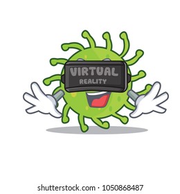 With virtual reality green bacteria mascot cartoon