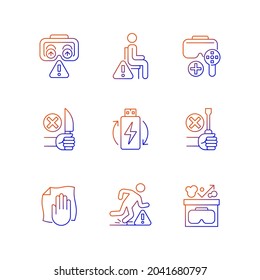 Virtual reality guide gradient linear vector manual label icons set. Thin line contour symbols bundle. Isolated vector outline illustrations collection on black and white for product use instructions