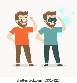 Virtual reality guy. Male character using vr gadget. Hi-tech guy. Hipster using device.
