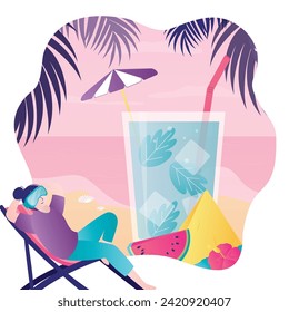 Virtual reality, happy woman using VR glasses having 3d experience in metaverse, tropical paradise simulation. Character uses new digital technology. Relaxation, entertainment and new emotions. vector