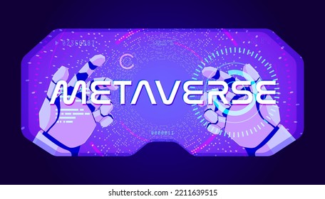 Virtual reality headgear with first-person perspective and robot hands. Metaverse gaming concept.