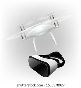Virtual-Reality-Headset-Lufttrockner mit Kamera, Quad-Koper-realistisches Modell. Modernes technologisches Gadget-Set. Detaillierte Vektorillustration VR Maske.