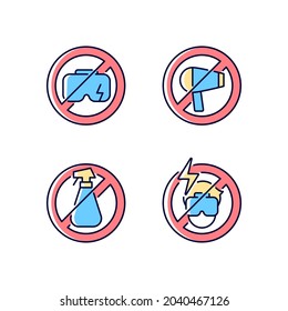 Virtual reality headset care RGB color manual label icons set. VR glasses hygiene. Isolated vector illustrations. Simple filled line drawing for product use instructions collection