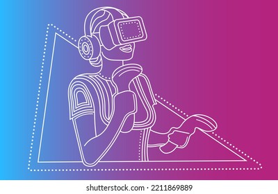 Virtual reality headset. Concept design of a girl wearing VR goggles. Virtual gaming concept.