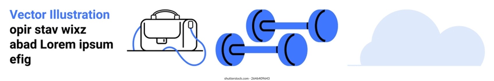 Virtual reality headset connected to a laptop, two blue dumbbells, and a blue cloud. Ideal for technology, fitness, virtual workouts, cloud computing, modern design, tech tutorials, and digital