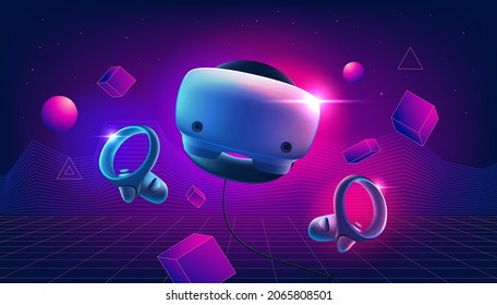 Virtual reality headset and controllers for gaming. VR helmet. Metaverse technology concept.