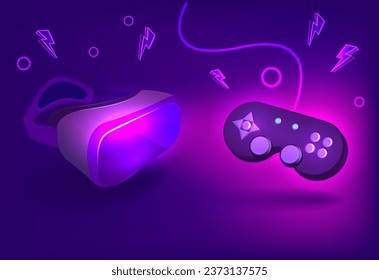 Virtual reality headset and controllers for gaming. VR helmet. Metaverse technology banner template.